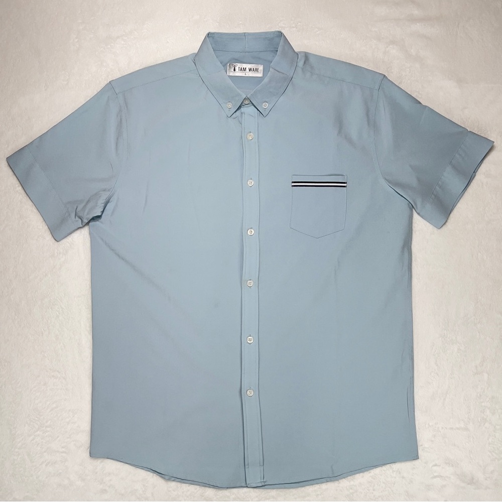 Tam Ware Dress Shirt Men’s L Short Sleeve Stretch Button Down Casual Light Blue